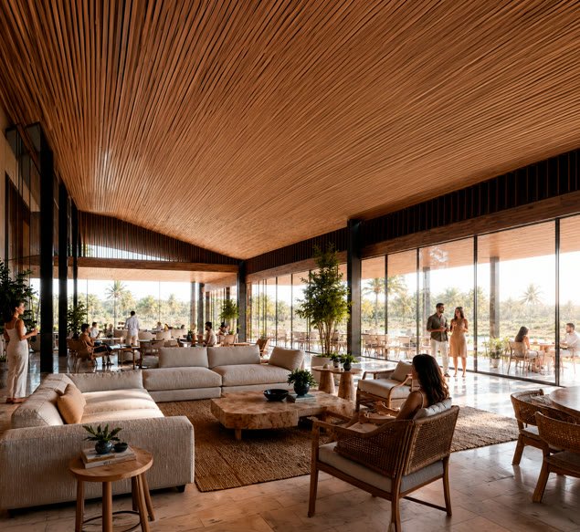Perspectiva ilustrada do interior do Beach Club