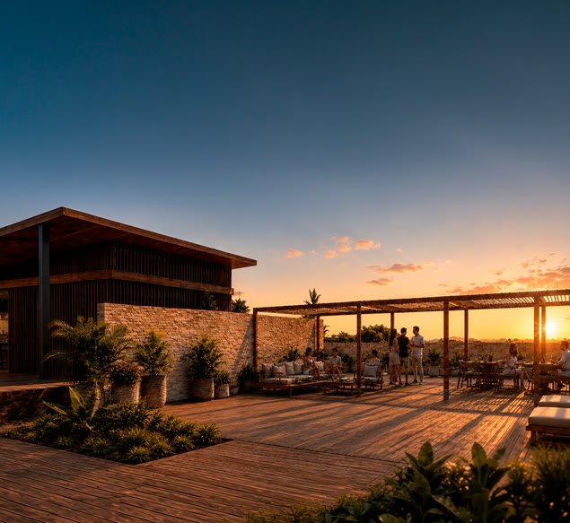 Perspectiva ilustrada do lounge aberto do Beach Club