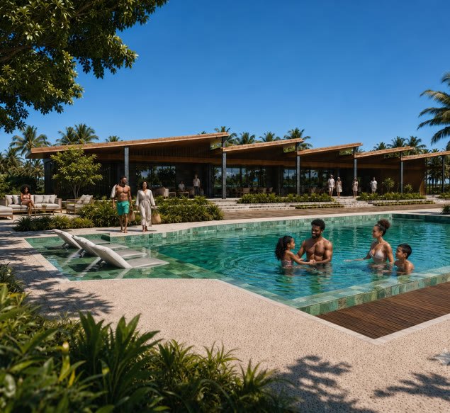 Perspectiva ilustrada das piscinas do Beach Club