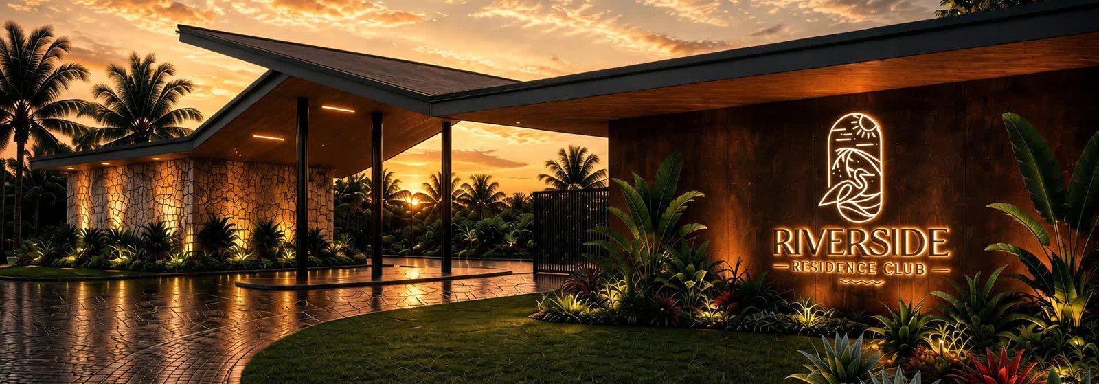 Perspectiva da portaria do Riverside Residence Club, com paisagismo tropical e iluminação acolhedora